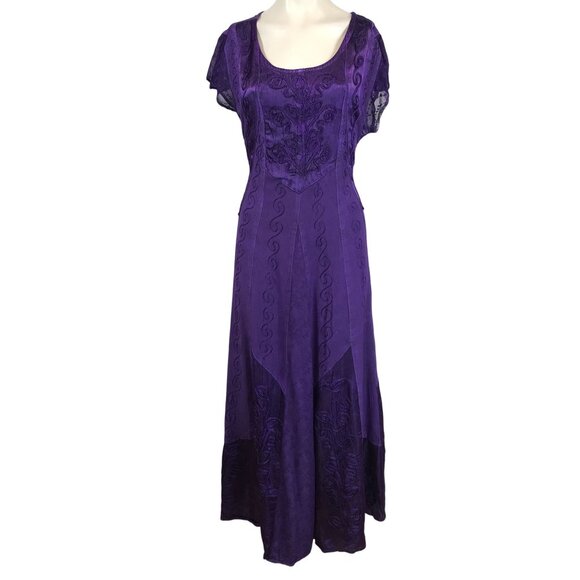 SAKKAS - WOMEN L/XL - PURPLE SHORT SLEEVE EMBROIDERED MAXI DRESS BOHO WHIMSIGOTH - Picture 1 of 7